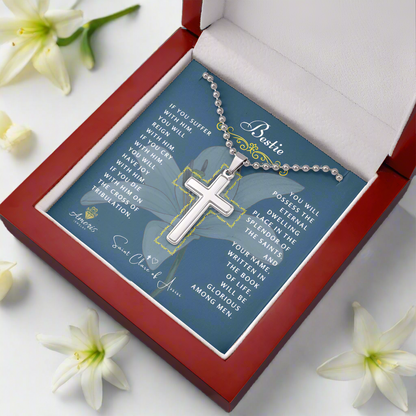Bestie Cross Necklace with Saint Clare of Assisi Quote