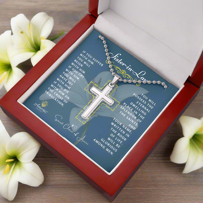 Sister-in-Law Cross Necklace with Saint Clare of Assisi Quote