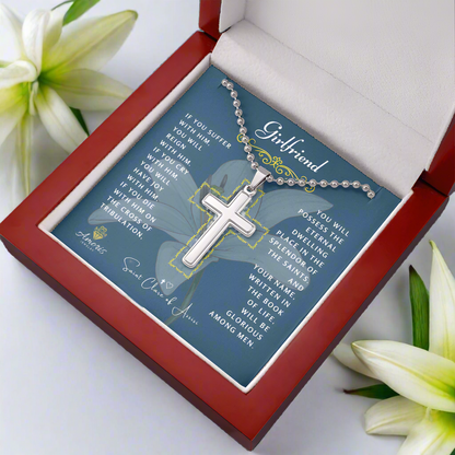 Collar de cruz de novia con cita de Santa Clara de Asís