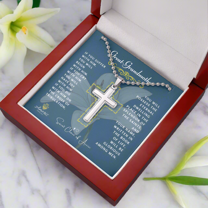 Great-Grandmother Cross Necklace with Saint Clare of Assisi Quote