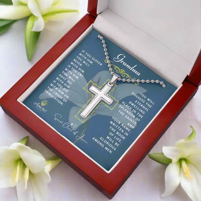 Grandma Cross Necklace with Saint Clare of Assisi Quote