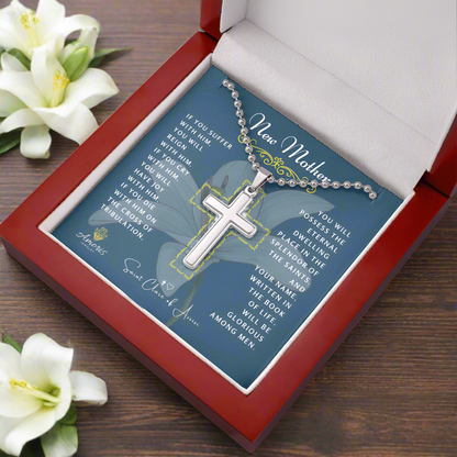 New Mother Cross Necklace with Saint Clare of Assisi Quote