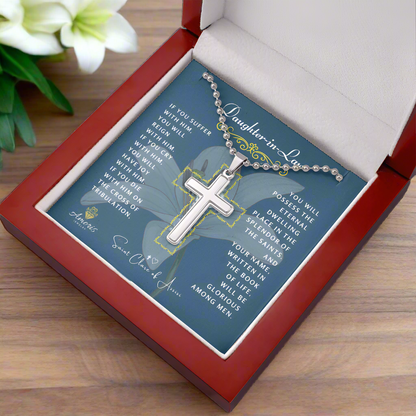 Daughter-in-Law Cross Necklace with Saint Clare of Assisi Quote