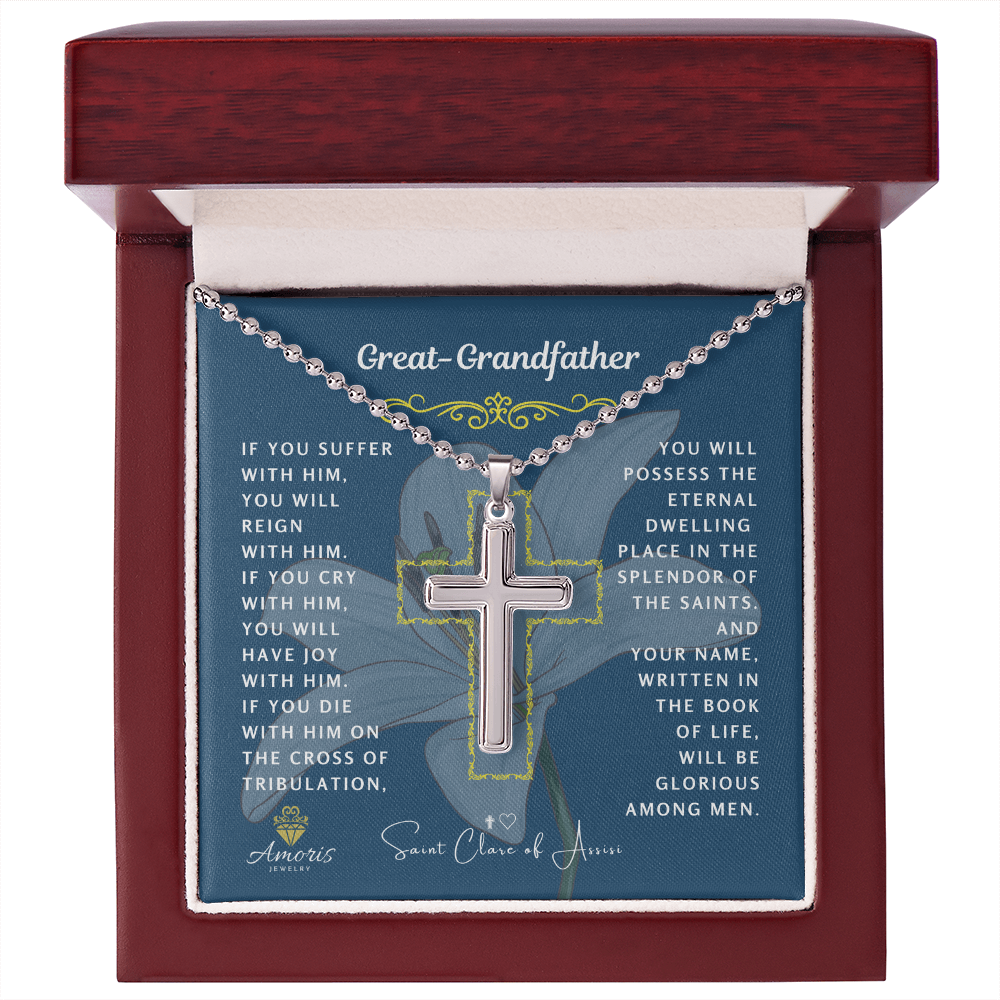 Great-Grandfather Cross Necklace with Saint Clare of Assisi Quote