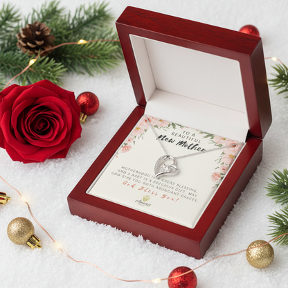 Collar con mensaje "A una hermosa nueva mamá: amor eterno"