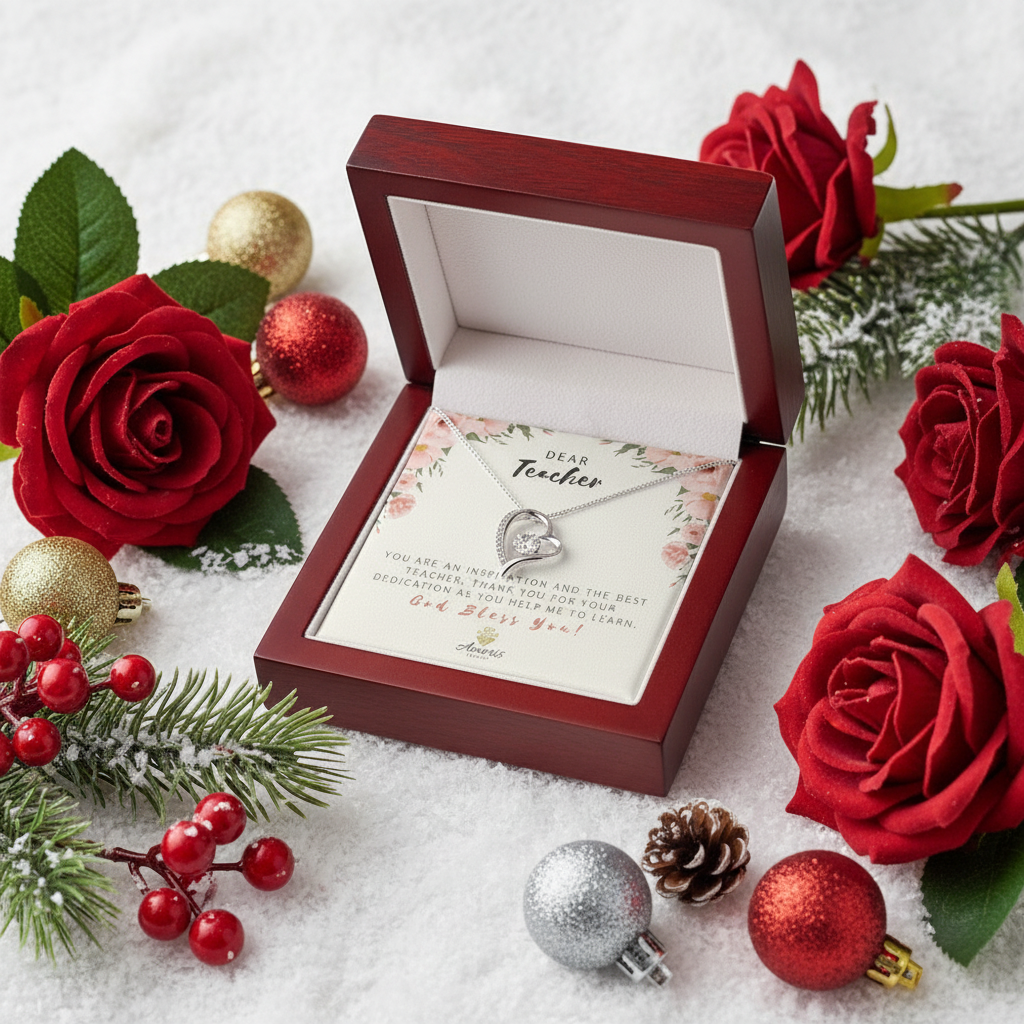 Collier en forme de cœur « Cher professeur » avec carte de message « Que Dieu vous bénisse »