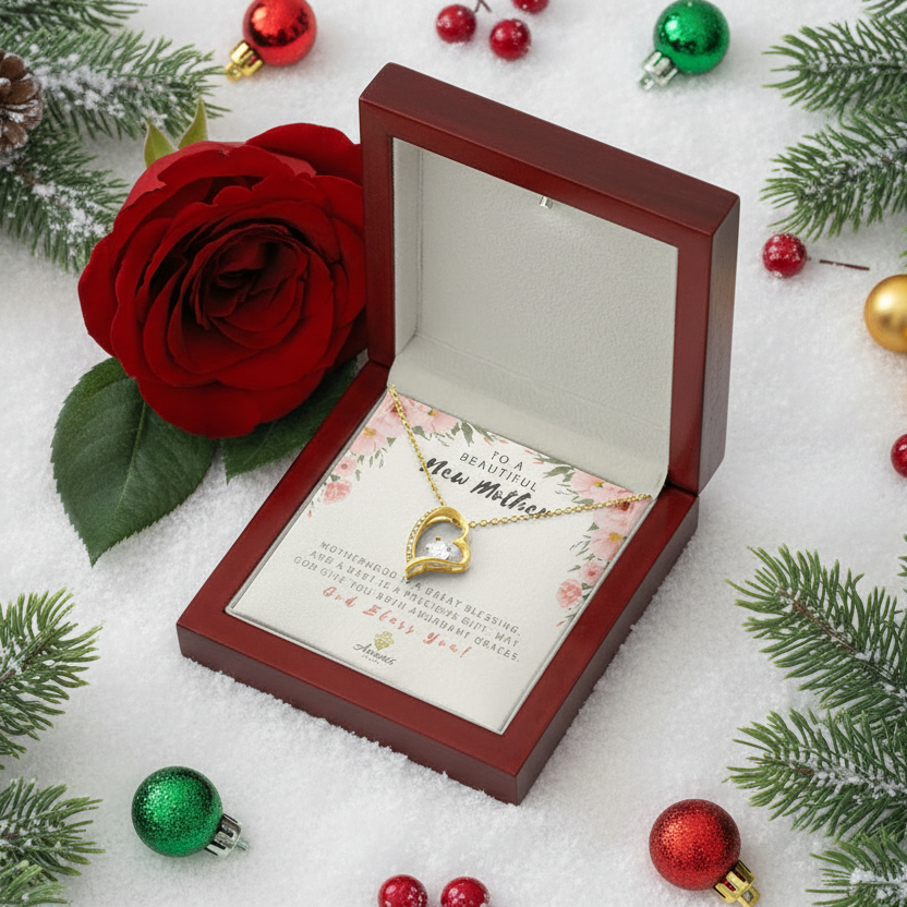 Collar con mensaje "A una hermosa nueva mamá: amor eterno"
