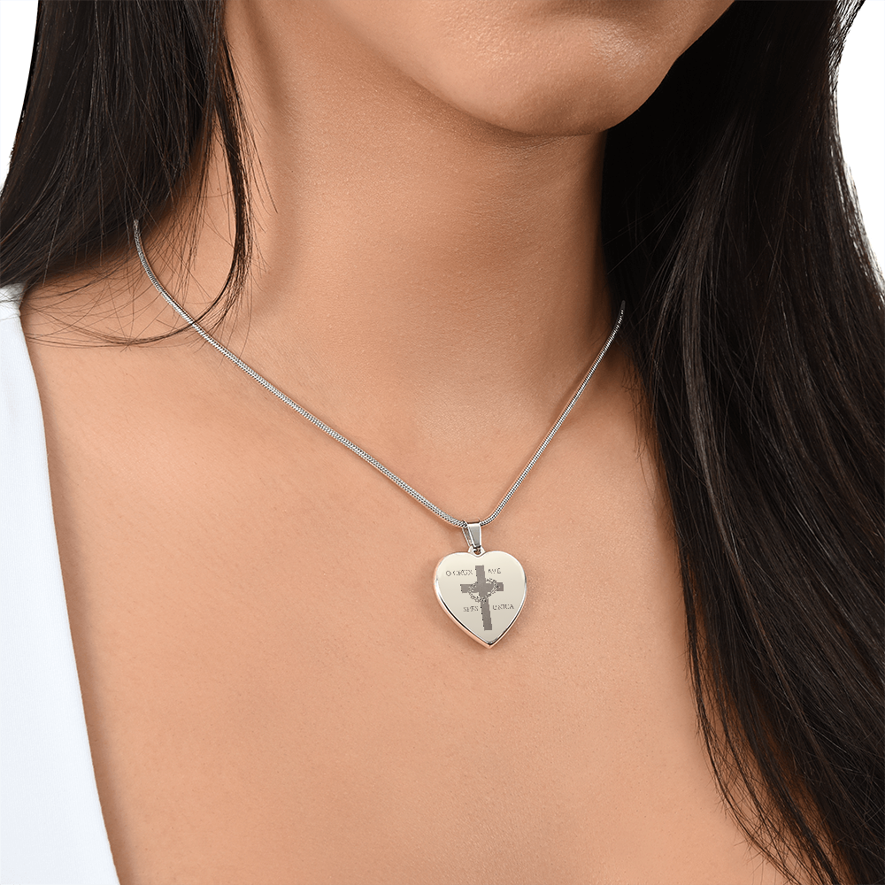 "O Crux ave, spes unica" Cross Heart Necklace with Personalized Engraving