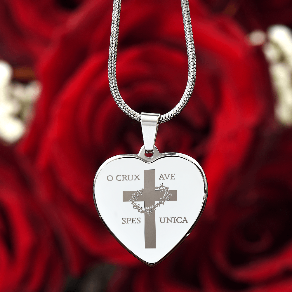 "O Crux ave, spes unica" Cross Heart Necklace with Personalized Engraving