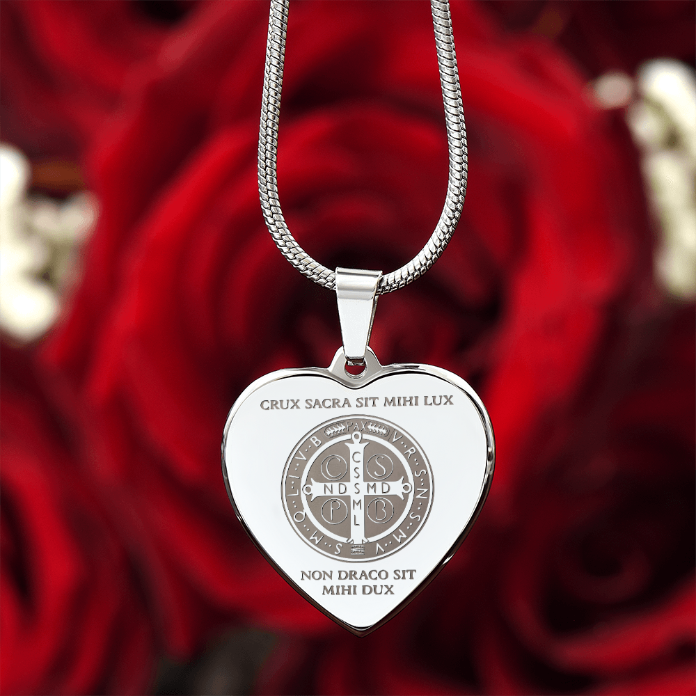 Saint Benedict Medal Heart Necklace with Personalized Engraving
