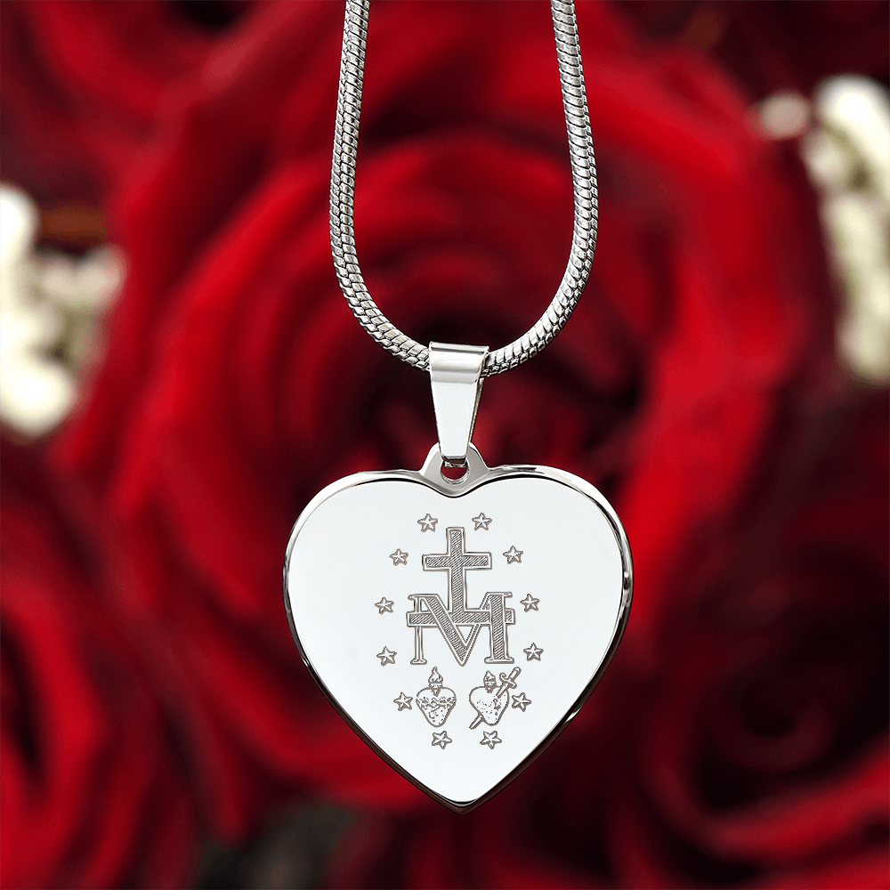 Miraculous Medal Artistic Verso Heart Necklace with Personalized Engraving