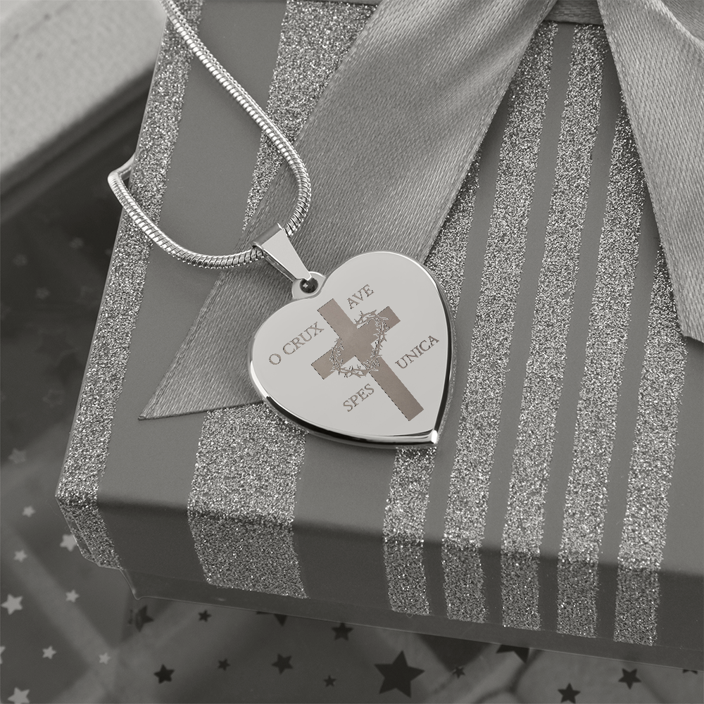 "O Crux ave, spes unica" Cross Heart Necklace with Personalized Engraving