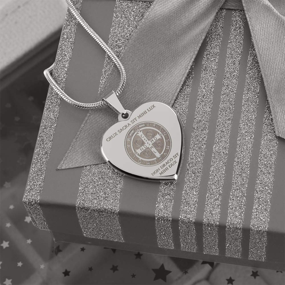 Saint Benedict Medal Heart Necklace with Personalized Engraving