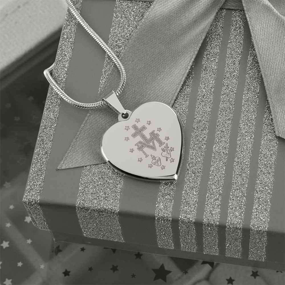 Miraculous Medal Artistic Verso Heart Necklace with Personalized Engraving