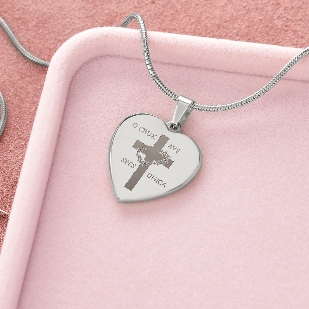 "O Crux ave, spes unica" Cross Heart Necklace with Personalized Engraving