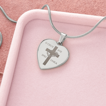 "O Crux ave, spes unica" Cross Heart Necklace with Personalized Engraving