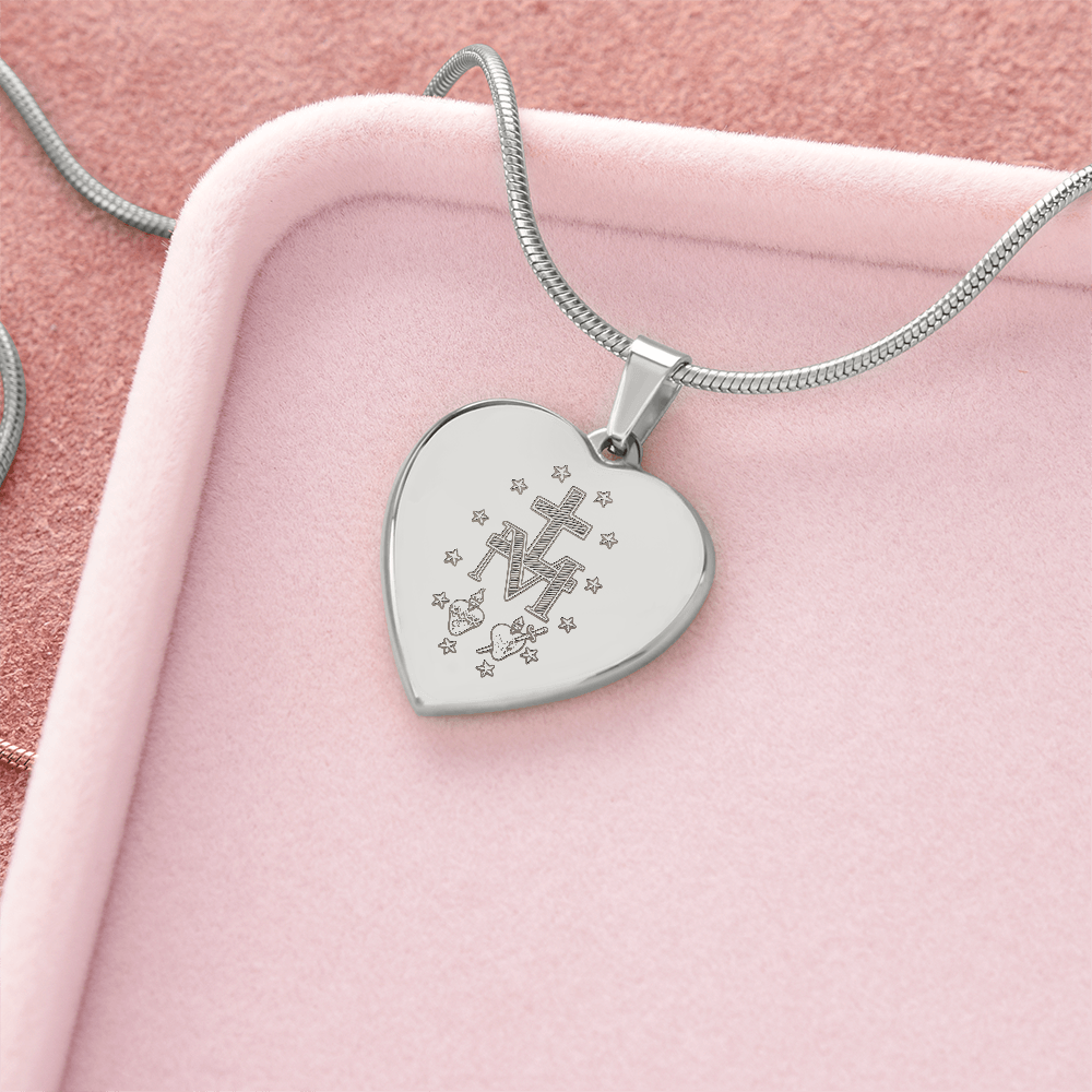 Miraculous Medal Artistic Verso Heart Necklace with Personalized Engraving