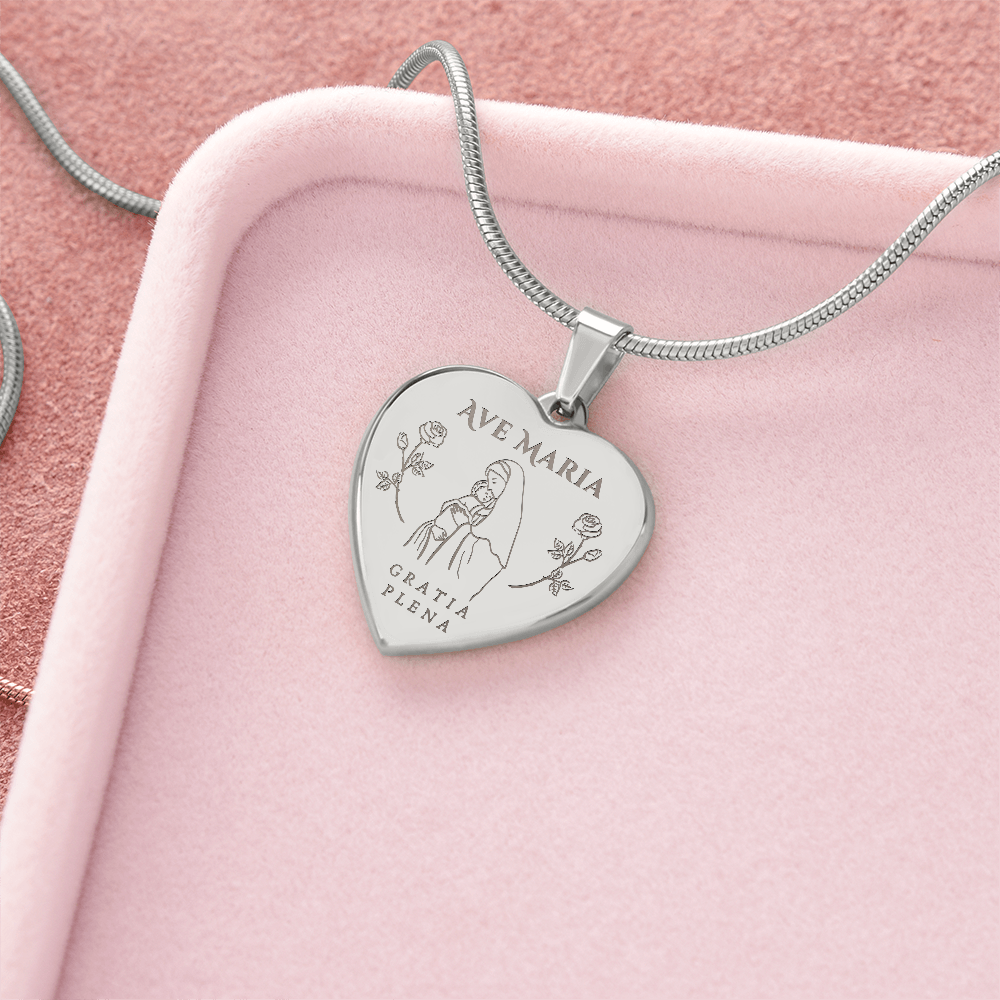 Ave Maria Gratia Plena Heart Necklace with Personalized Engraving