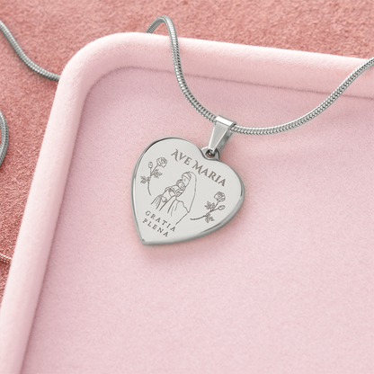 Ave Maria Gratia Plena Heart Necklace with Personalized Engraving