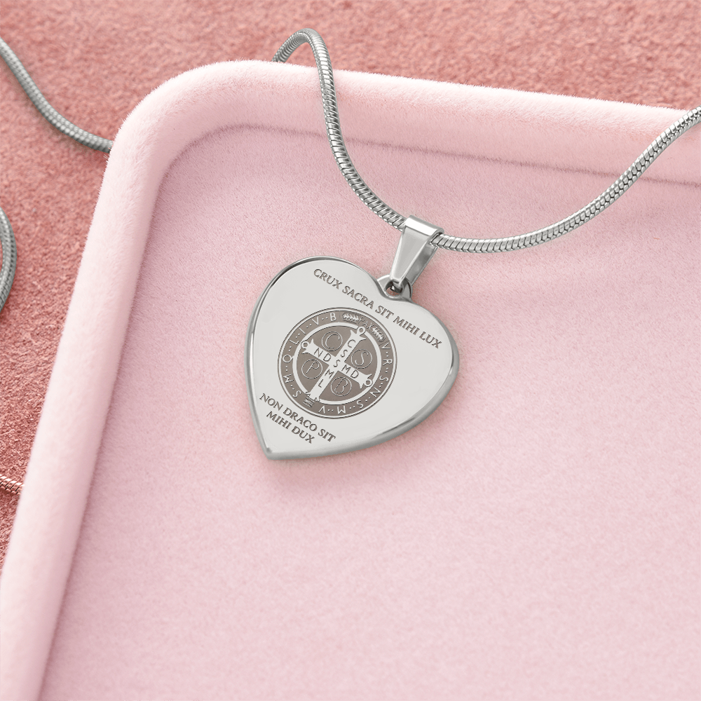 Saint Benedict Medal Heart Necklace with Personalized Engraving