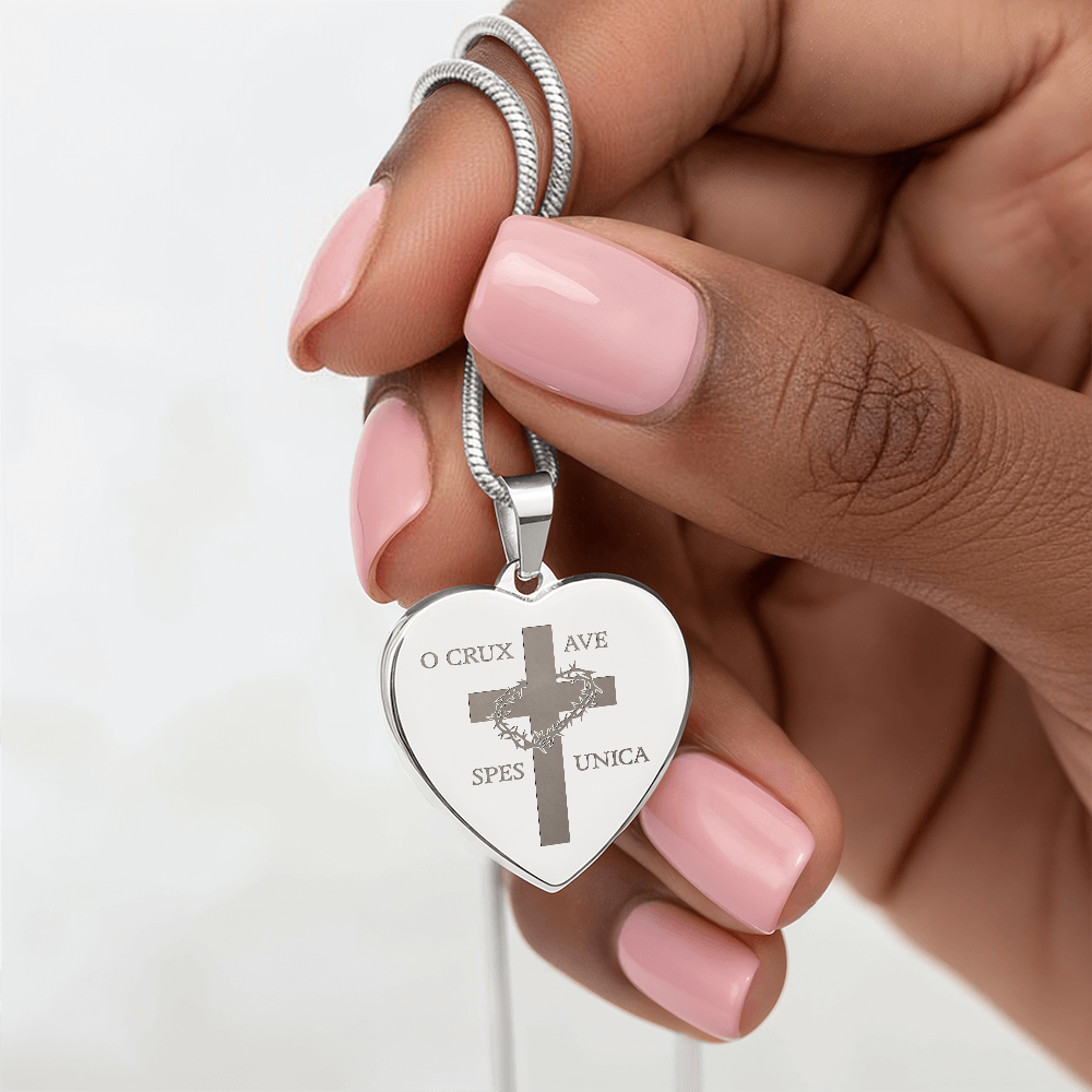 "O Crux ave, spes unica" Cross Heart Necklace with Personalized Engraving