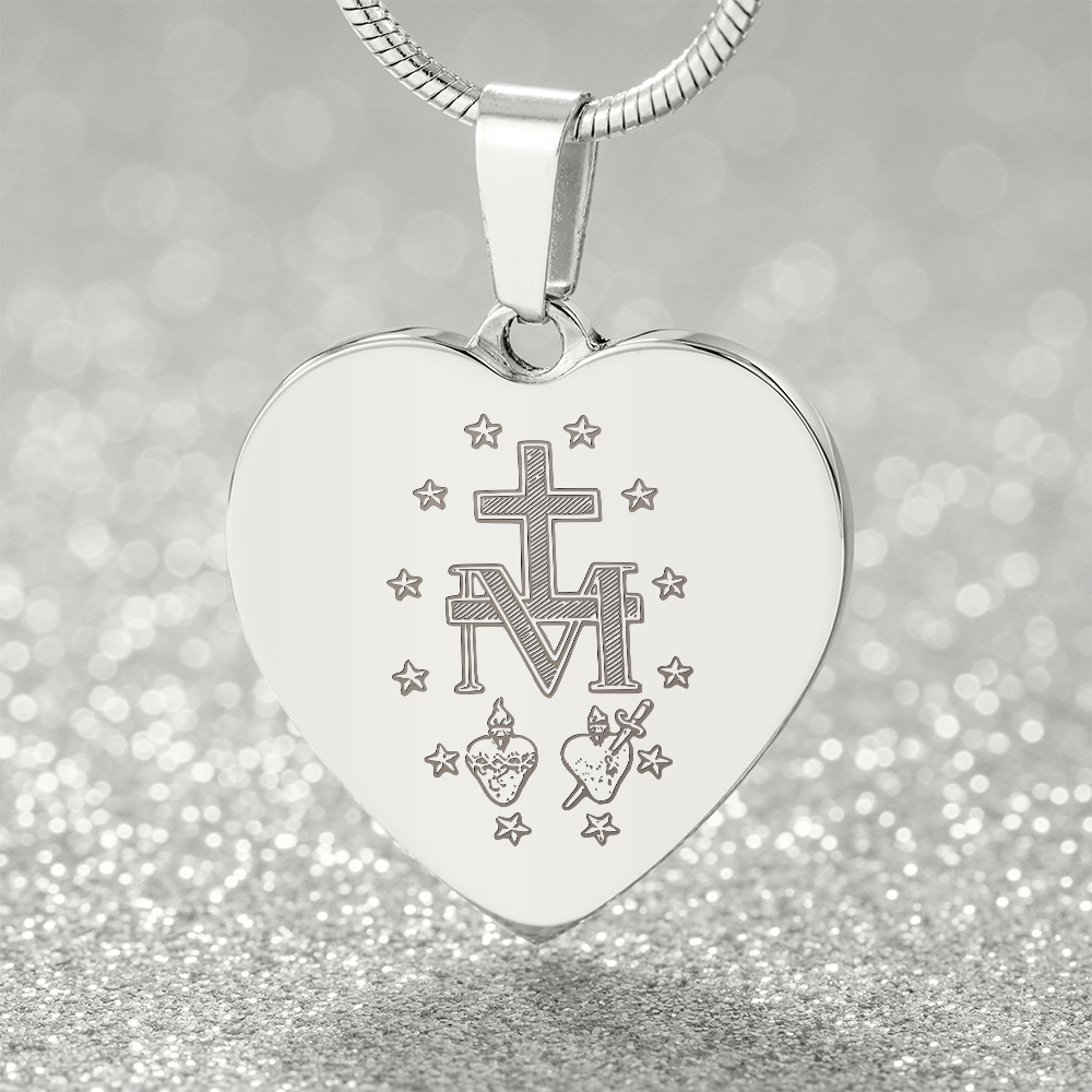 Miraculous Medal Artistic Verso Heart Necklace with Personalized Engraving