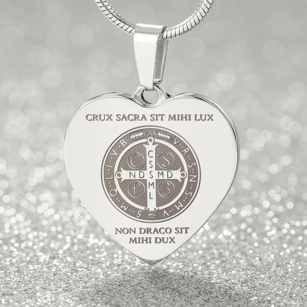 Saint Benedict Medal Heart Necklace with Personalized Engraving