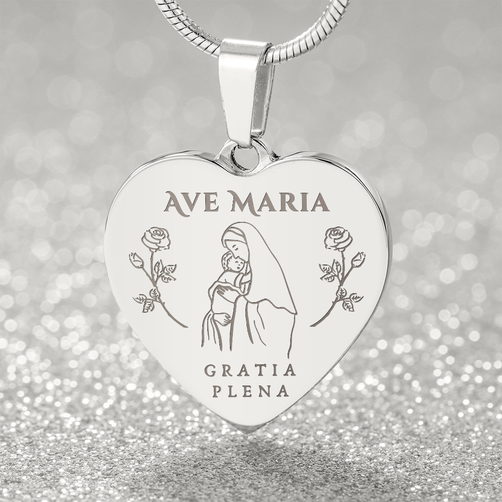Ave Maria Gratia Plena Heart Necklace with Personalized Engraving