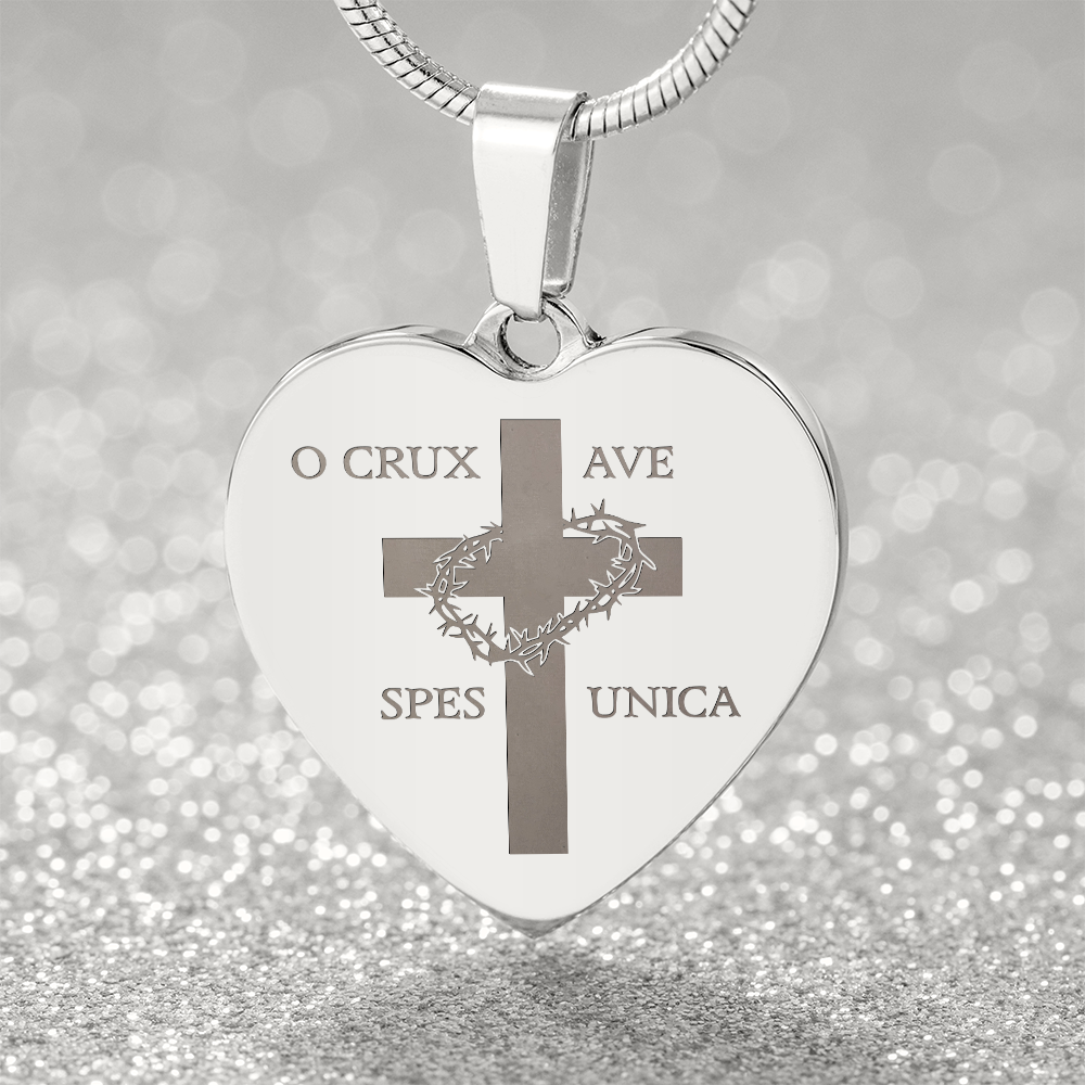 "O Crux ave, spes unica" Cross Heart Necklace with Personalized Engraving