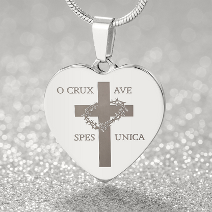 "O Crux ave, spes unica" Cross Heart Necklace with Personalized Engraving