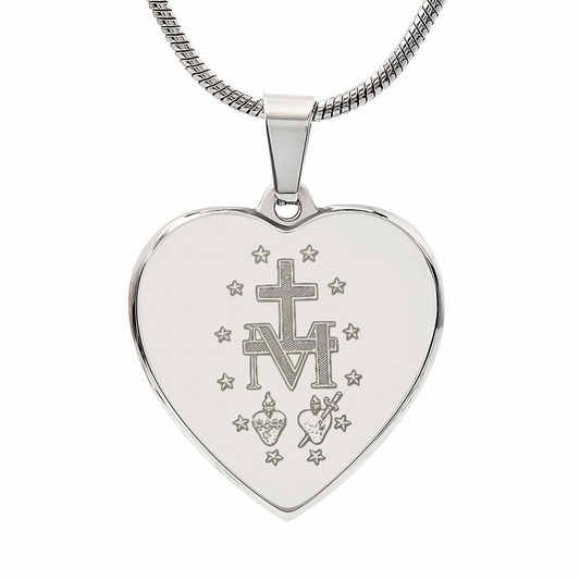 Miraculous Medal Artistic Verso Heart Necklace with Personalized Engraving