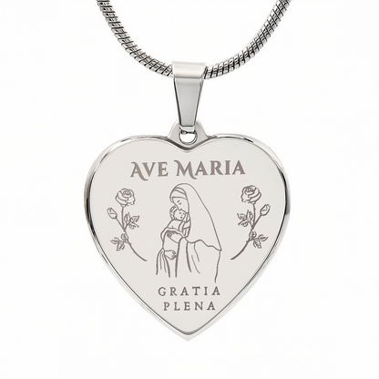 Ave Maria Gratia Plena Heart Necklace with Personalized Engraving