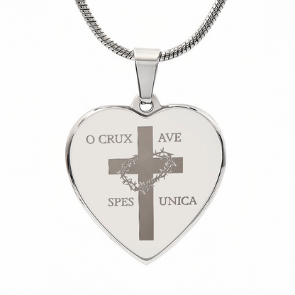 "O Crux ave, spes unica" Cross Heart Necklace with Personalized Engraving