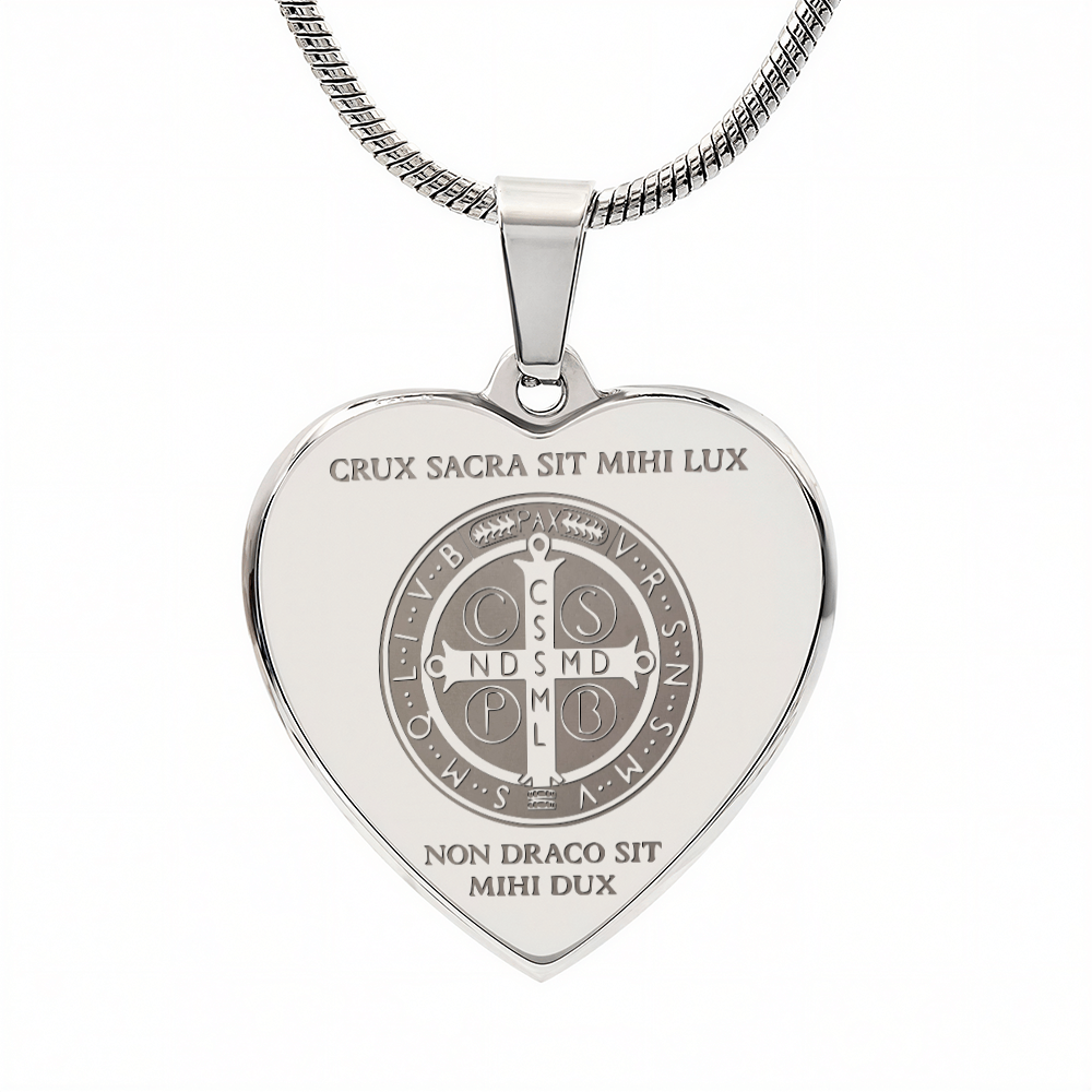 Saint Benedict Medal Heart Necklace with Personalized Engraving