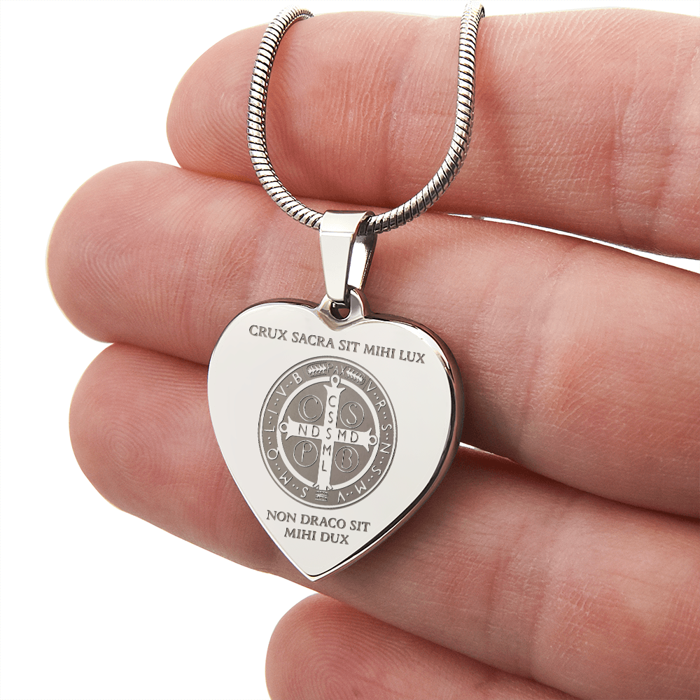 Saint Benedict Medal Heart Necklace with Personalized Engraving