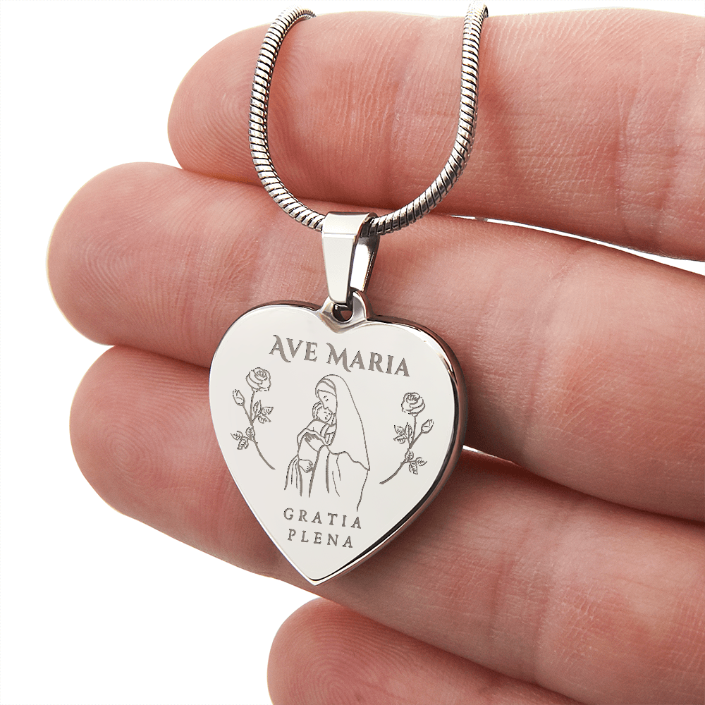 Ave Maria Gratia Plena Heart Necklace with Personalized Engraving