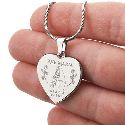 Ave Maria Gratia Plena Heart Necklace with Personalized Engraving