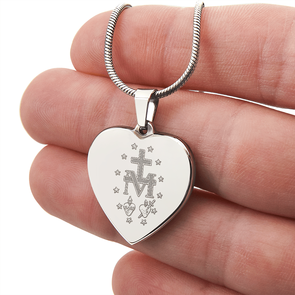 Miraculous Medal Artistic Verso Heart Necklace with Personalized Engraving