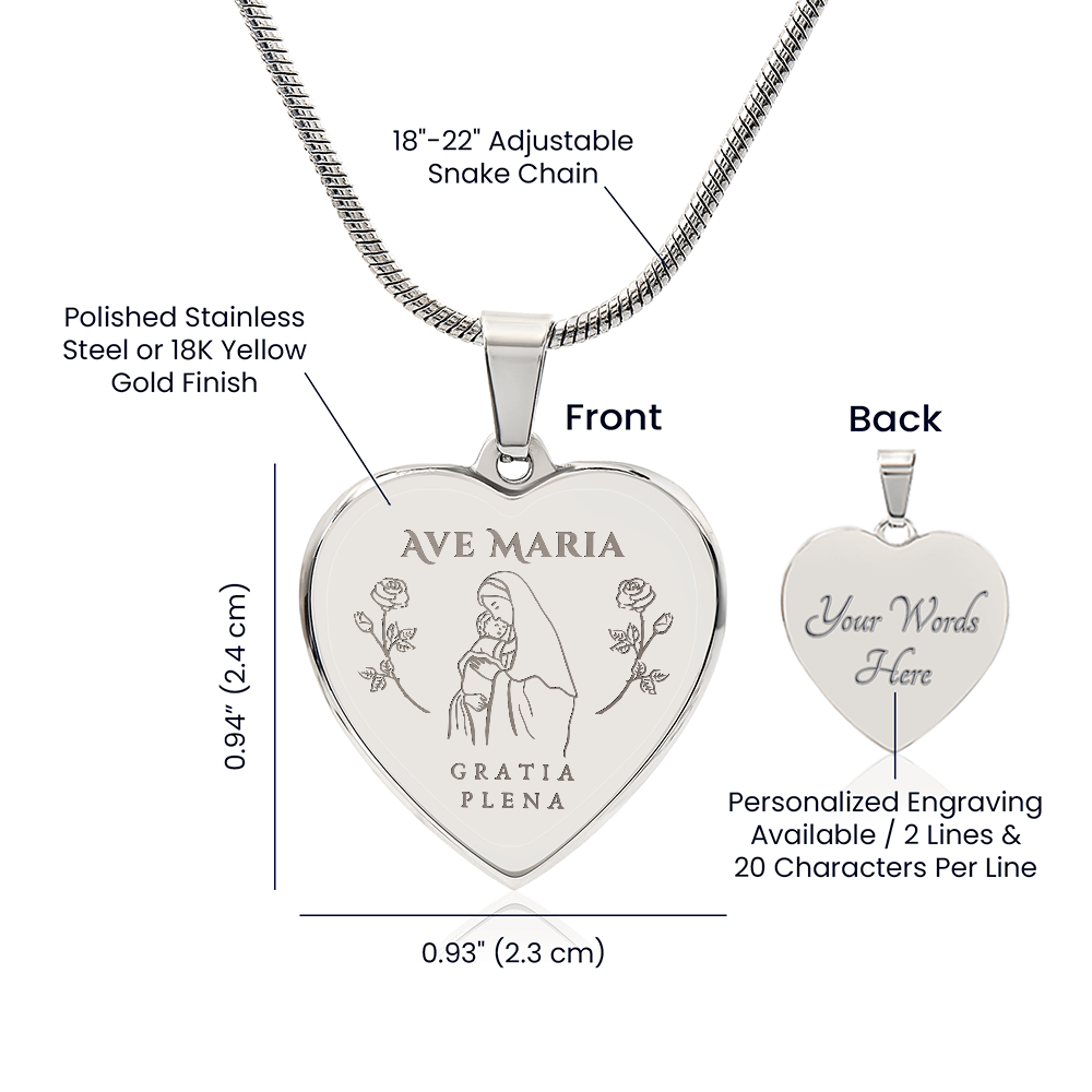 Ave Maria Gratia Plena Heart Necklace with Personalized Engraving