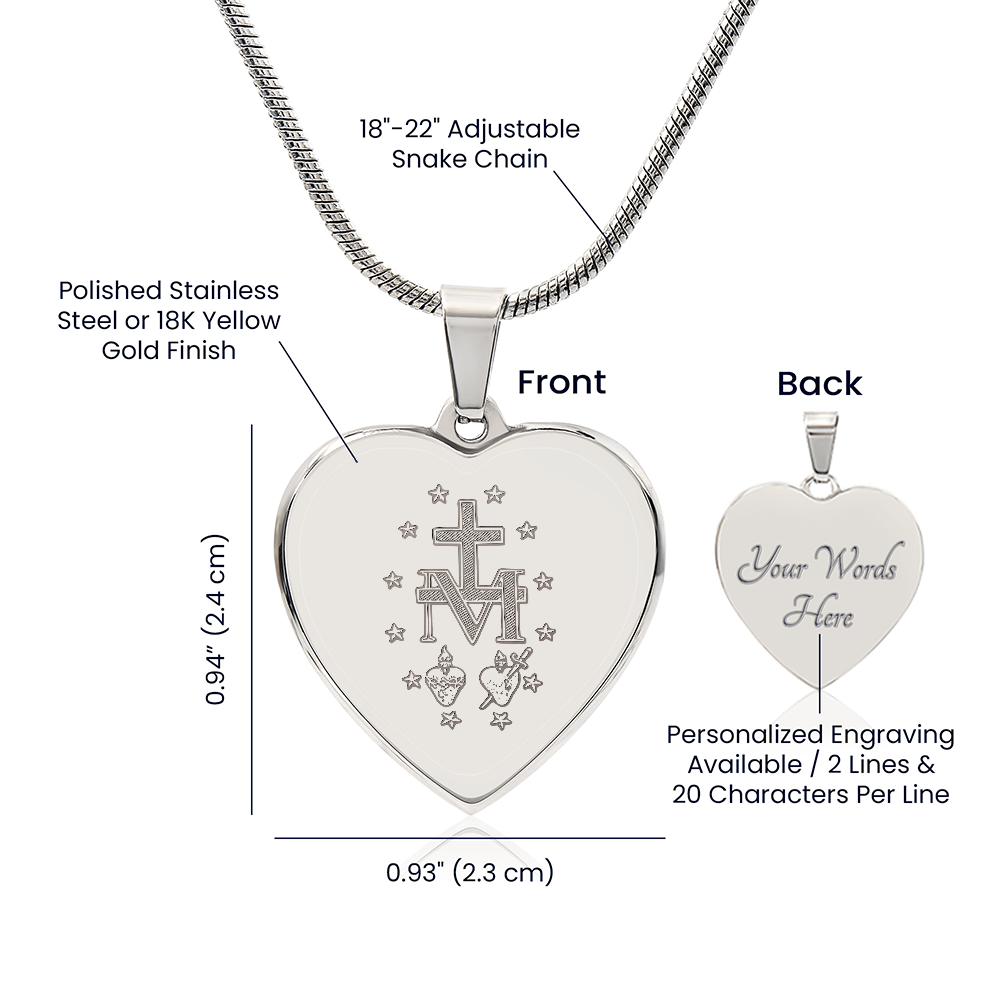 Miraculous Medal Artistic Verso Heart Necklace with Personalized Engraving