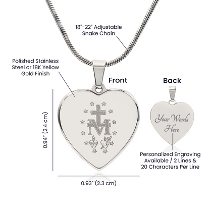 Miraculous Medal Artistic Verso Heart Necklace with Personalized Engraving