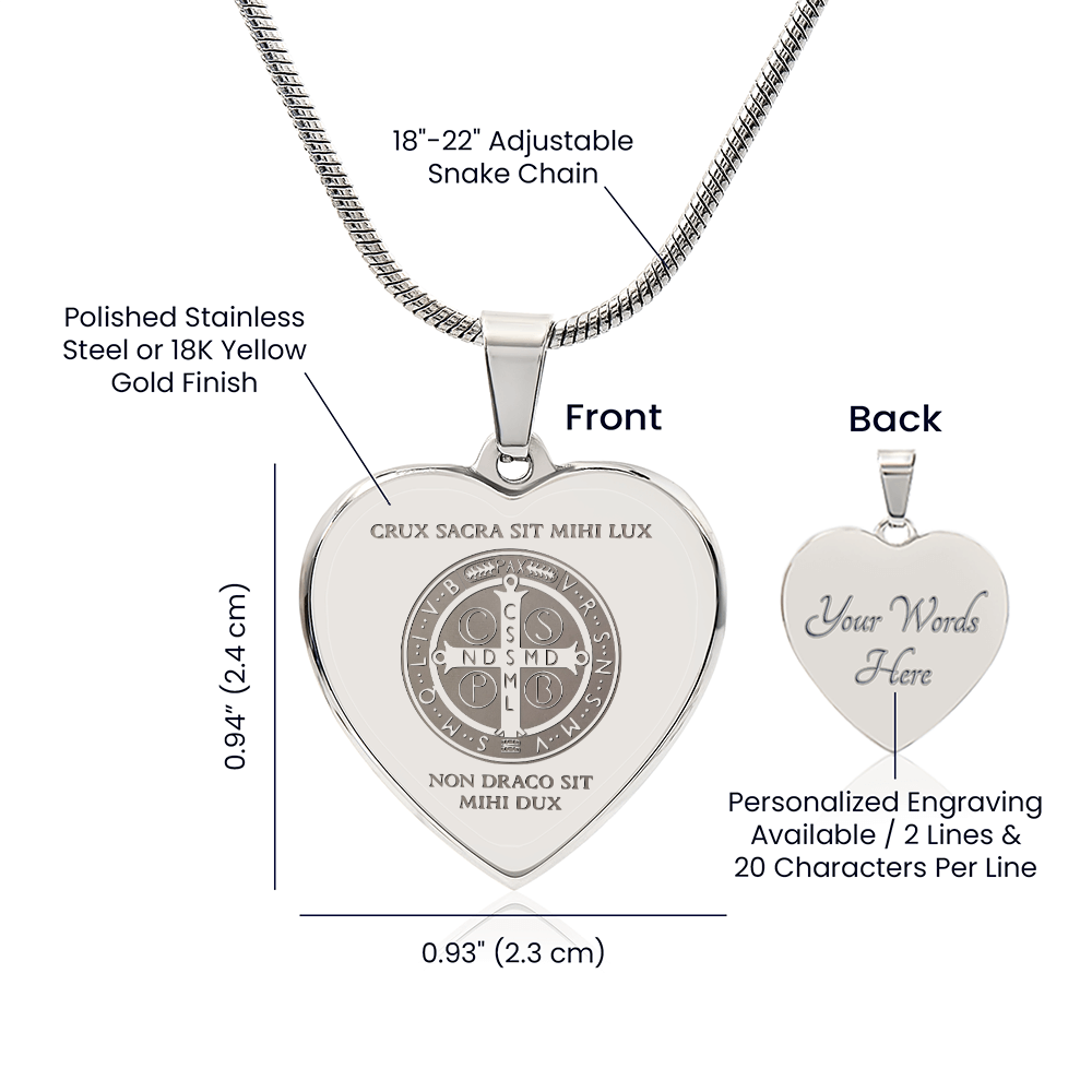 Saint Benedict Medal Heart Necklace with Personalized Engraving