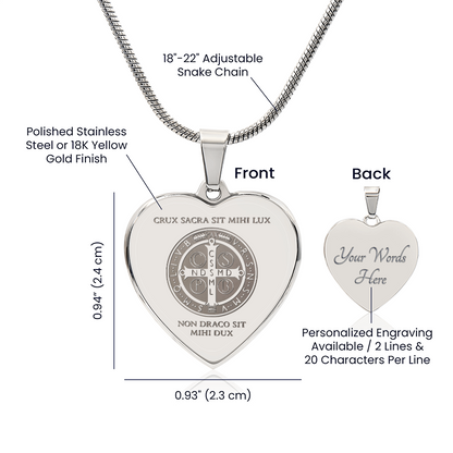 Saint Benedict Medal Heart Necklace with Personalized Engraving