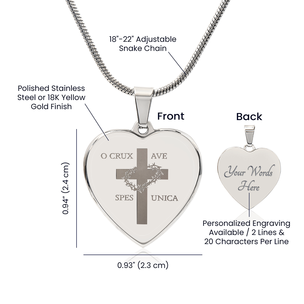 "O Crux ave, spes unica" Cross Heart Necklace with Personalized Engraving