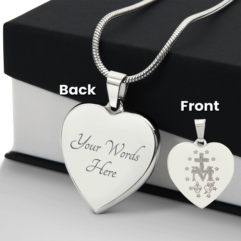 Miraculous Medal Artistic Verso Heart Necklace with Personalized Engraving