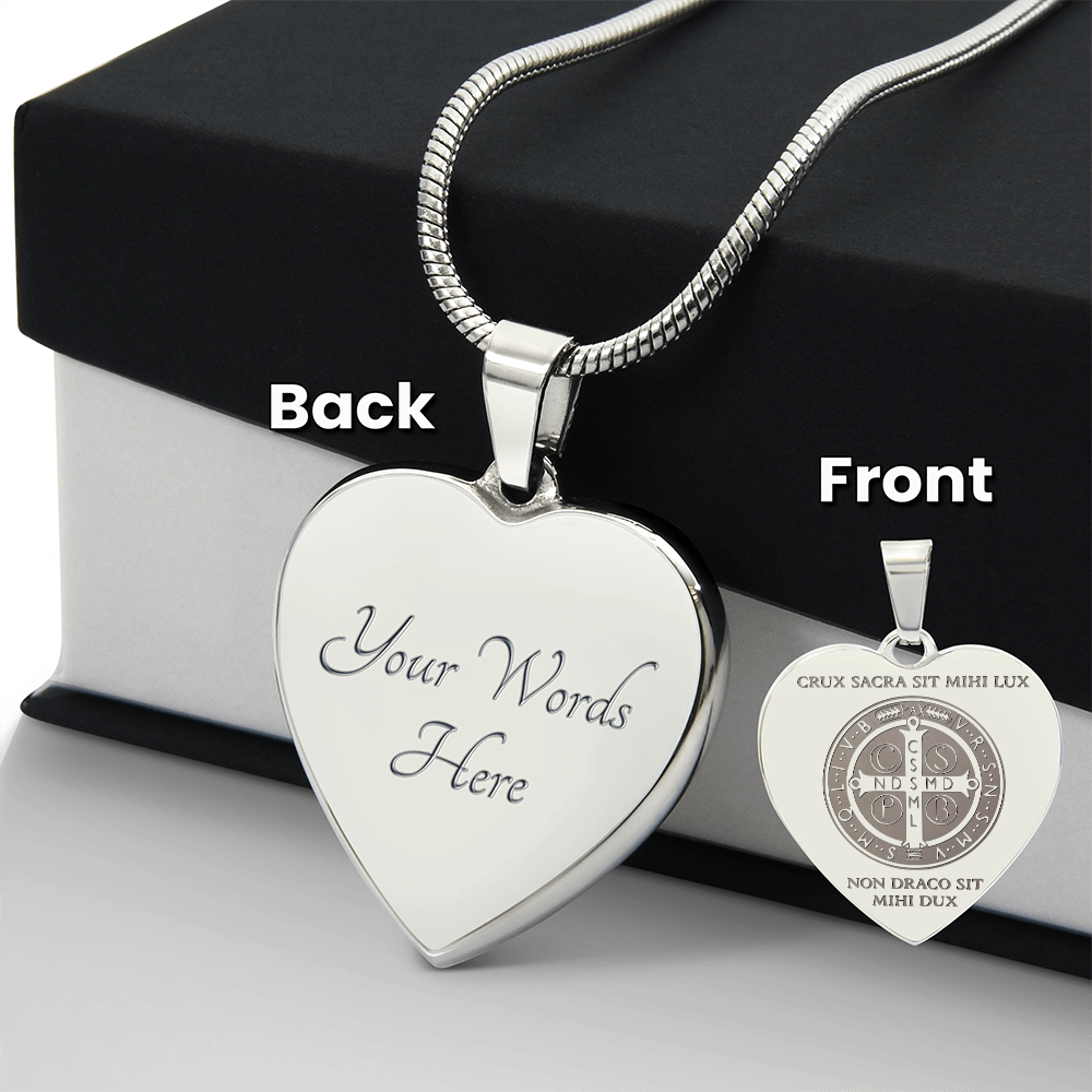 Saint Benedict Medal Heart Necklace with Personalized Engraving