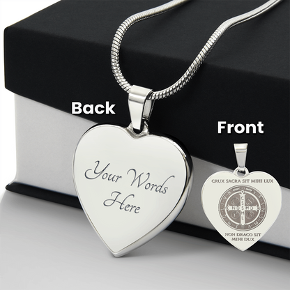 Saint Benedict Medal Heart Necklace with Personalized Engraving