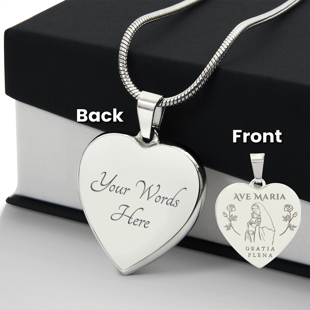 Ave Maria Gratia Plena Heart Necklace with Personalized Engraving