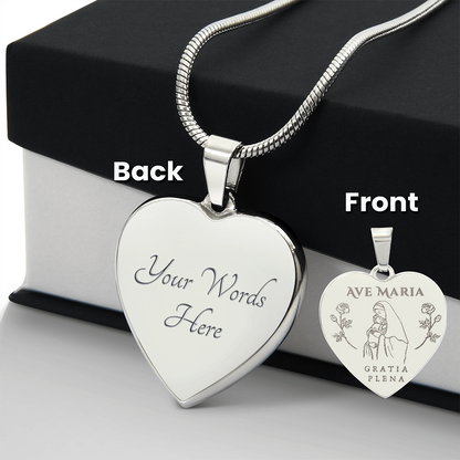Ave Maria Gratia Plena Heart Necklace with Personalized Engraving