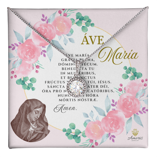 Áve María Necklace with LATIN Prayer Card (with accents)